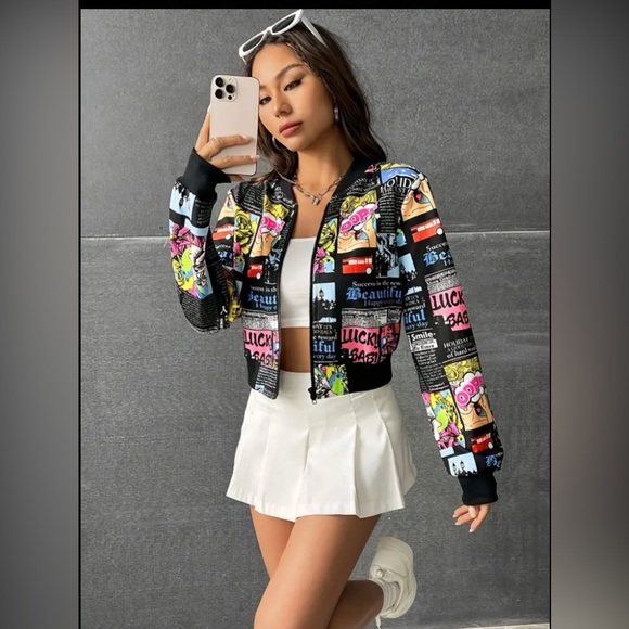 Allover Print Pop Art Zip-up Jacket, Long Sleeve Crop Jacket - Picture 5 of 6